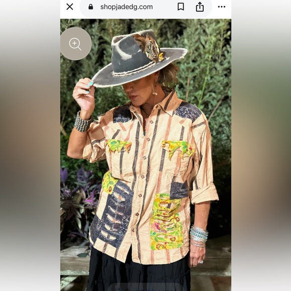 Jaded Gypsy Striped Button-Up Shirt with Colorful Patches/Boho-Urban Style,L/XL